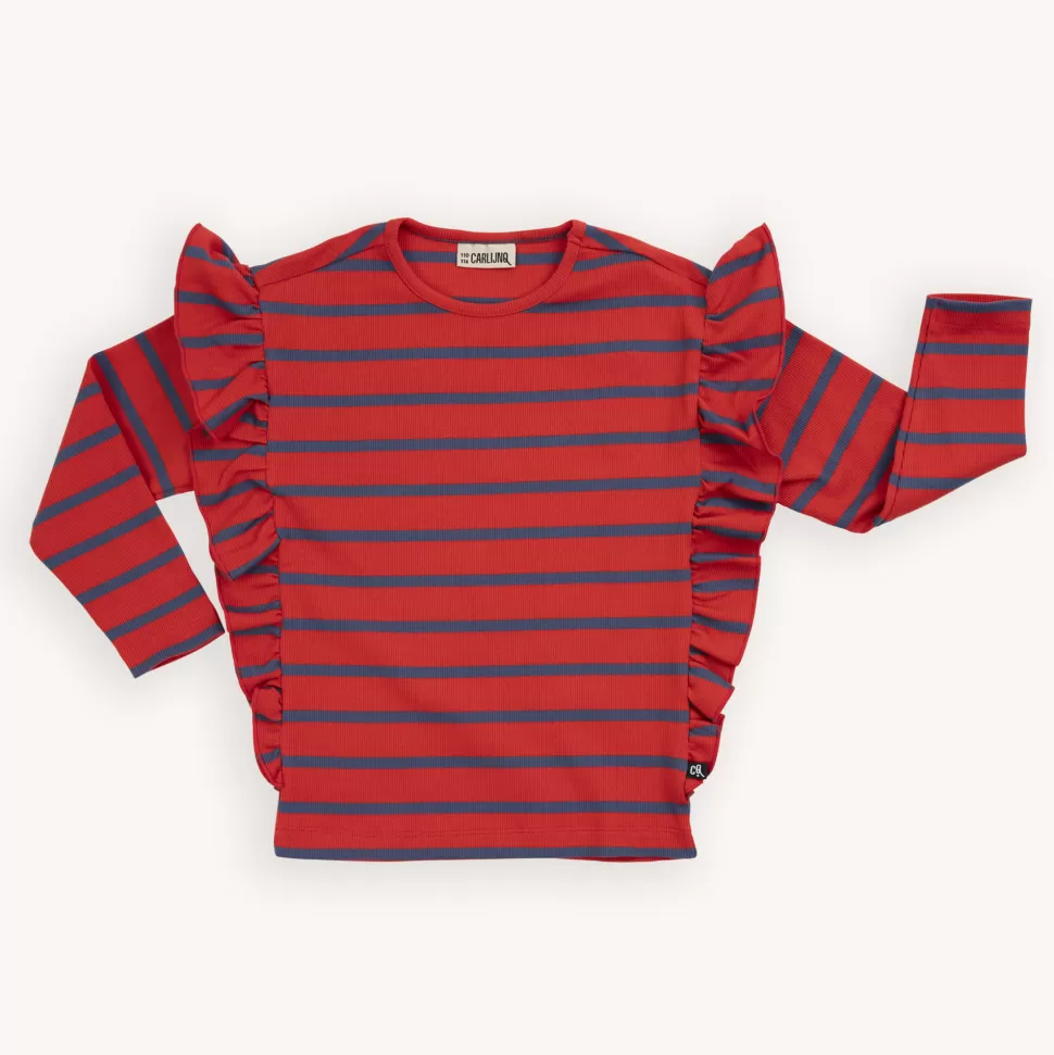 Fashion | Ruffled Longsleeve Top | Stripes Red + Blue Vrouw Shirts